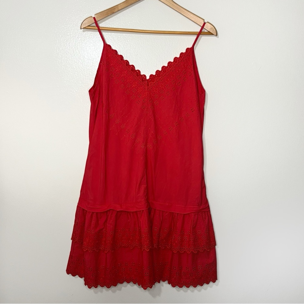La Vie Rebecca Taylor Cotton Eyelet Americana Tank Ruffle Dress in Coral Red M
